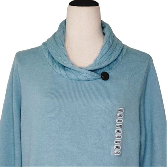 Jeanne Pierre Blizzard Blue  Shawl Cable Stitch Neck Long Sleeve Sweater Size L - Picture 5 of 9